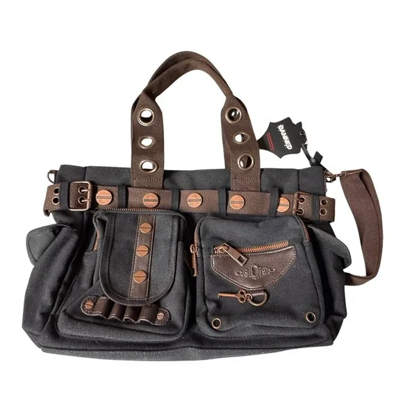 Banned Alternative DOOM LAGOON HANDBAG Steampunk Key Canvas Black Copper NWT - Picture 1 of 16